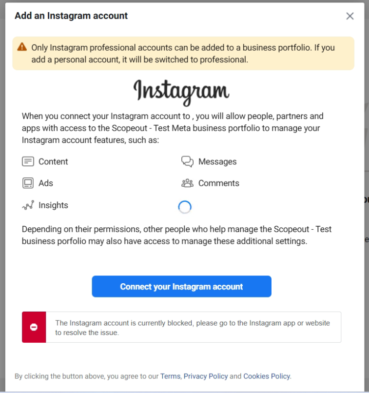 The Instagram Account is Currently Blocked. Please go to the Instagram App or Website to Resolve the Issue.